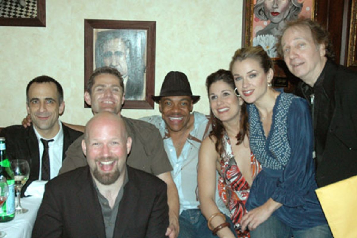 David Pittu, Sean Martin Hingston, Devin Richards, Stephanie J. Block, Sarah Uriarte Berry, Scott Siegel and (front) Scott Coulter at 