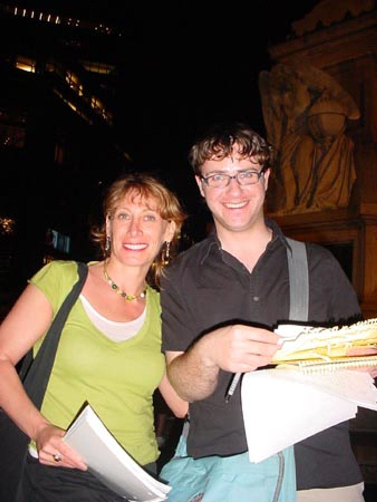 Librettist Erica Silbermen and composer/lyricist Brian J. Nash with scripts in hand at Columbus Circle, had just finished their musical Garbage-a-trois at theAtrainplays XXII