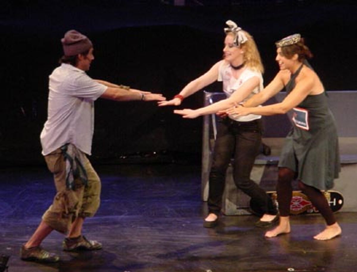 OCD stoner (Ryan Duncan) is confronted by trash that have come to life: a Pellegrino bottle (Darcie Siciliano) and a New York Post (Cristin Hubbard) desperately wanting to be recycled in Garbage-a-trois - book by Erica Silbermen; music/lyrics by Brian J. at theAtrainplays XXII