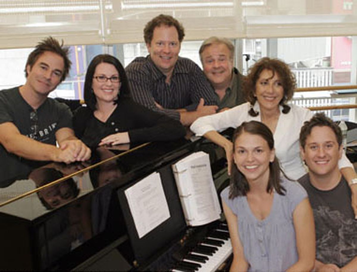 (Standing) Roger Bart, Megan Mullally, Shuler Hensley, Fred Applegate and Andrea Martin; (Sitting) Sutton Foster and Christopher Fitzgerald at 