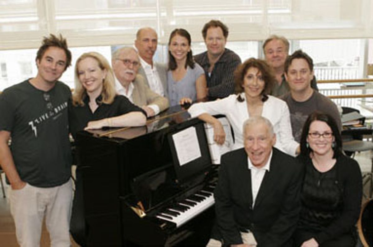 (Standing) Roger Bart, Susan Stroman, Thomas Meehan, Robert Sillerman, Sutton Foster, Shuler Hensley, Andrea Martin, Christopher Fitzgerald; (sitting) Mel Brooks and Megan Mullally at 