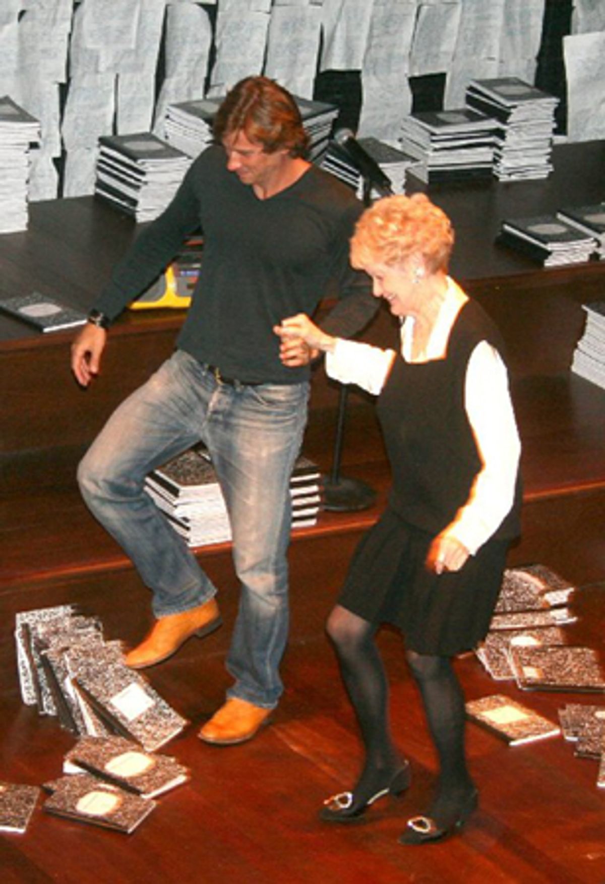 Roger Howarth and Elaine Stritch leave the stage at 