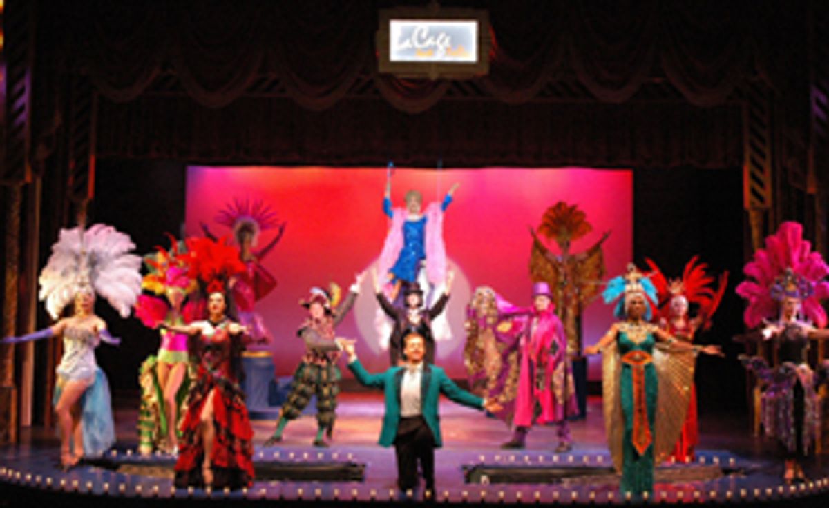 Georges (Maxwell Caulfield), Zaza on swing, and Les Cagelles at 