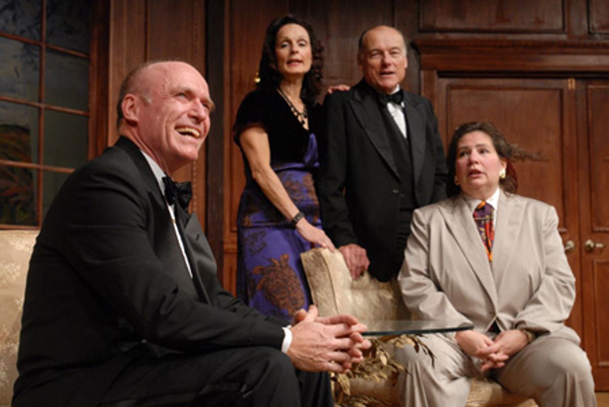Political darkhorse Grant Matthews (left, played by Walter Cotter) relishes the backing of political powerhouses (rear l-r) Kay Thorndyke (played by Paula Faber), Jim Conover (played by Tom Roberts) and Sally 'Spike' McManus (played by Margaret Melozzi) at 