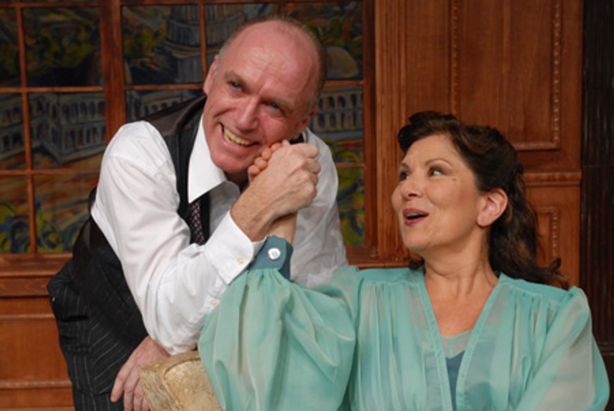 Political candidate Grant Matthews (right, played by Walter Cotter) cajoles wife Mary Matthews (left, played by Carol Schlink) at 
