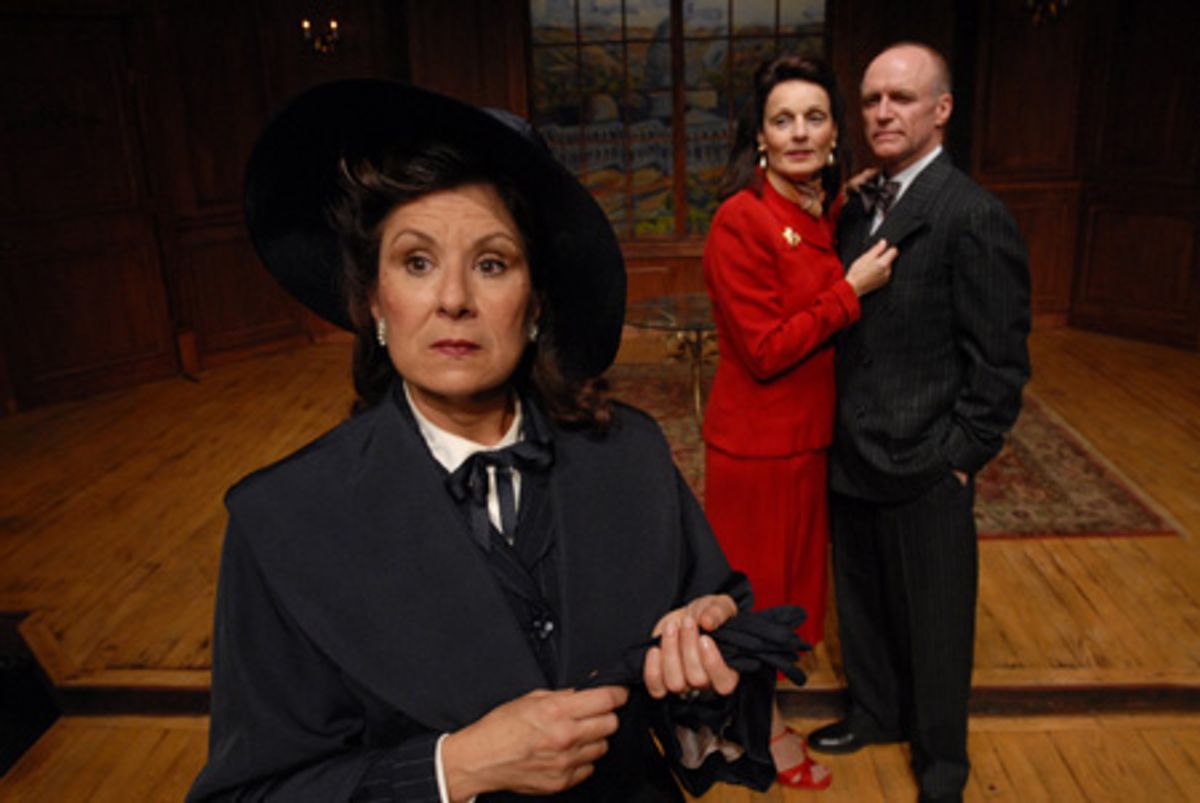 Mary Matthews (left, played by Carol Schlink) suspects martial misconduct of husband Grant Matthews (right, played by Walter Cotter) and powerbroker Kay Thorndyke (center, played by Paula Faber) at 