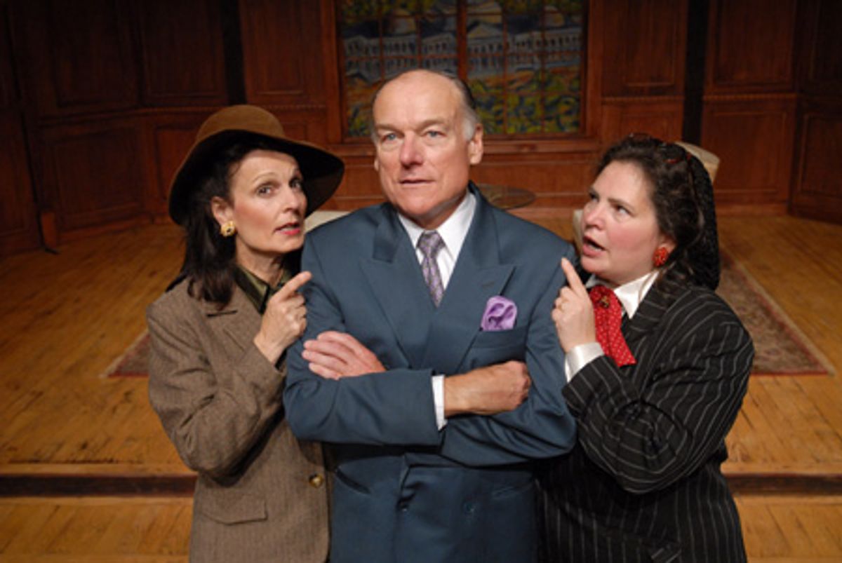 Newspaper publisher Kay Thorndyke (left, played by Paula Faber), political kingmaker Jim Conover (center, played by Tom Roberts) and journalist Sally 'Spike' McManus (right, played by Margaret Melozzi) scheme to win the presidential nomination at 