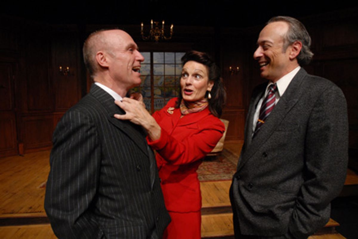 Presidential hopeful Grant Matthews (left, played by Walter Cotter) is groomed by newspaper publisher Kay Thorndyke (center, played by Paula Faber) and union lobbyist William Hardy (right, played by Vince Petronio) to meet special interest groups at 