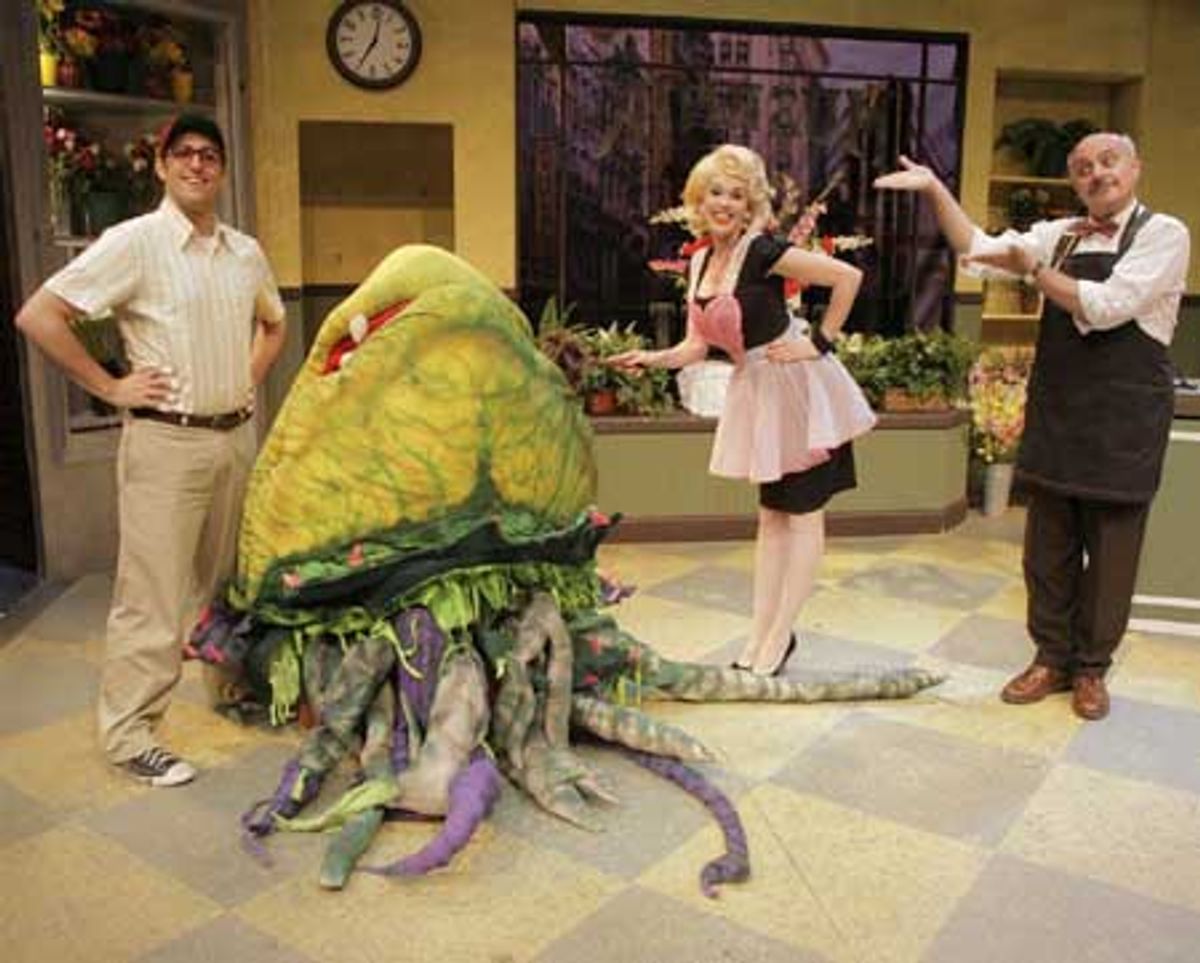 Eric Santagata (Seymour), Julie Connors (Audrey) and Bob Arnold (Mr. Mushnik) performing 'Closed For Renovations' at 