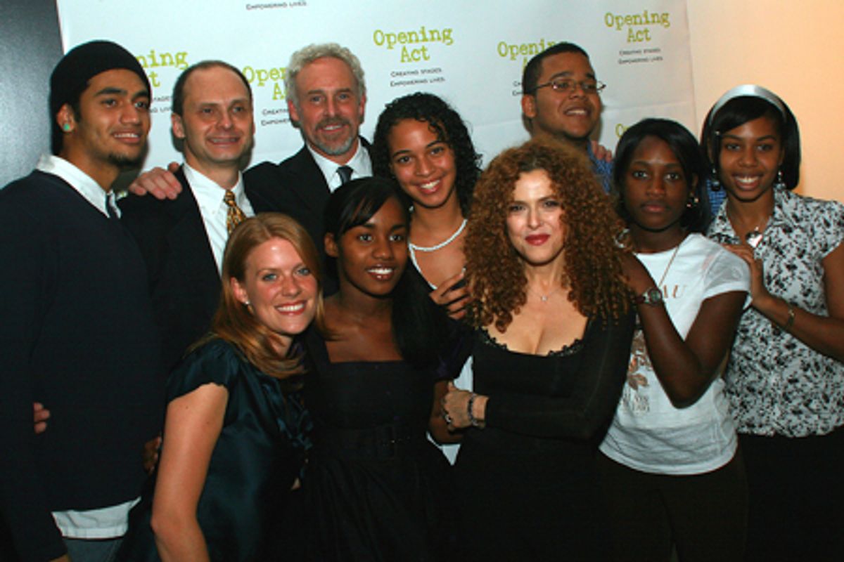Suzy Myers (Creative and Artistic Director of Opening Act), Christine Beaubrun, Bernadette Peters, Neilia McKenzie, Amanda Mewa; back: AJ Ortiz, Michael Mastro, John Dossett, Linette Alvarez and Ellio Martinez at 