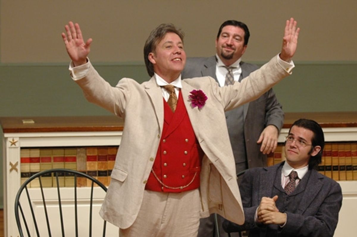 Oscar Wilde (left, JM Richardson) lectures University students on the English Renaissance of Art while attendees played by Joe Henderson (center) and Dillon Medina look on. at 