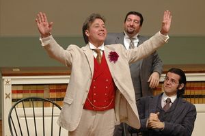 Oscar Wilde (left, JM Richardson) lectures University students on the English Renaissance of Art while attendees played by Joe Henderson (center) and Dillon Medina look on. @ BroadwayWorld Oscar Wilde (left, JM Richardson) lectures University students on the English Renaiss Photo