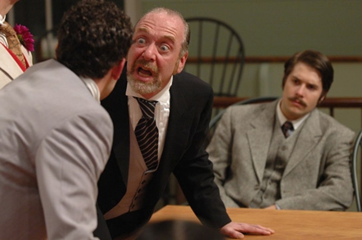 Lord Alfred Douglas (left, Ara Boghigian) confronts his father, Marquess de Queensbury,(center, F. William Oakes) while GB Shaw (seated, Tom Bentley) observes. at 