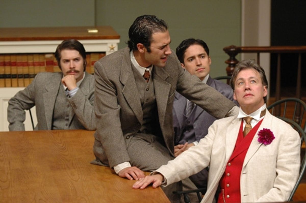 Oscar Wilde (far right, JM Richardson) listens to the advice of friend Frank Harris (seated at table, Patrick Poole) with ensemble cast members (l-r) Tom Bentley and Ryan Maxwell. at 