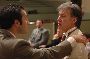 Frank Harris (left, Patrick Poole) comforts his friend Oscar Wilde (right, JM Richard Photo