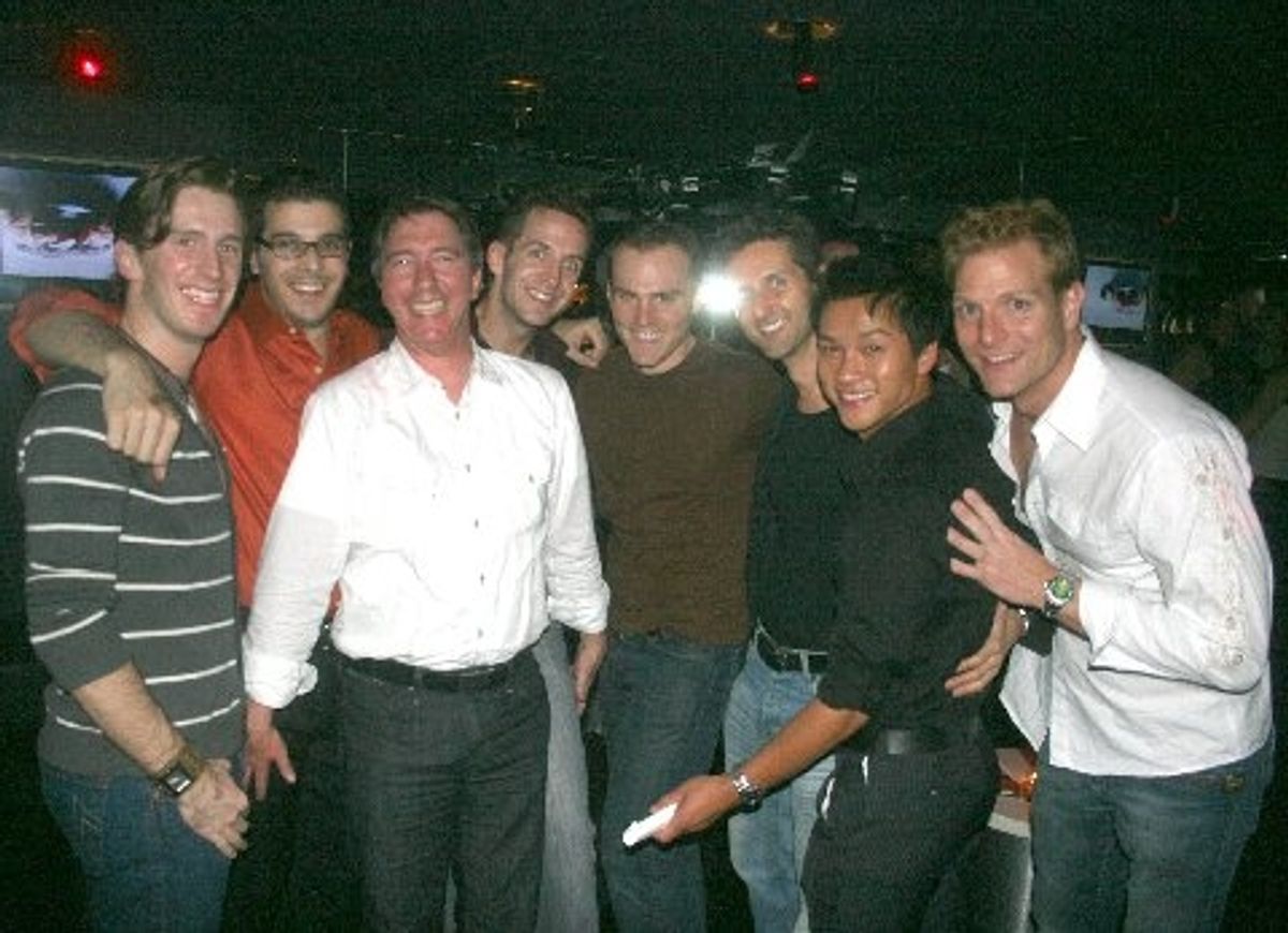 Kirkland Tibbles, Jaymes Hodges and Ethan LePhong with the stage cast of Naked Boys Singing! at 'Naked Boys Singing!' Film Party at Splash