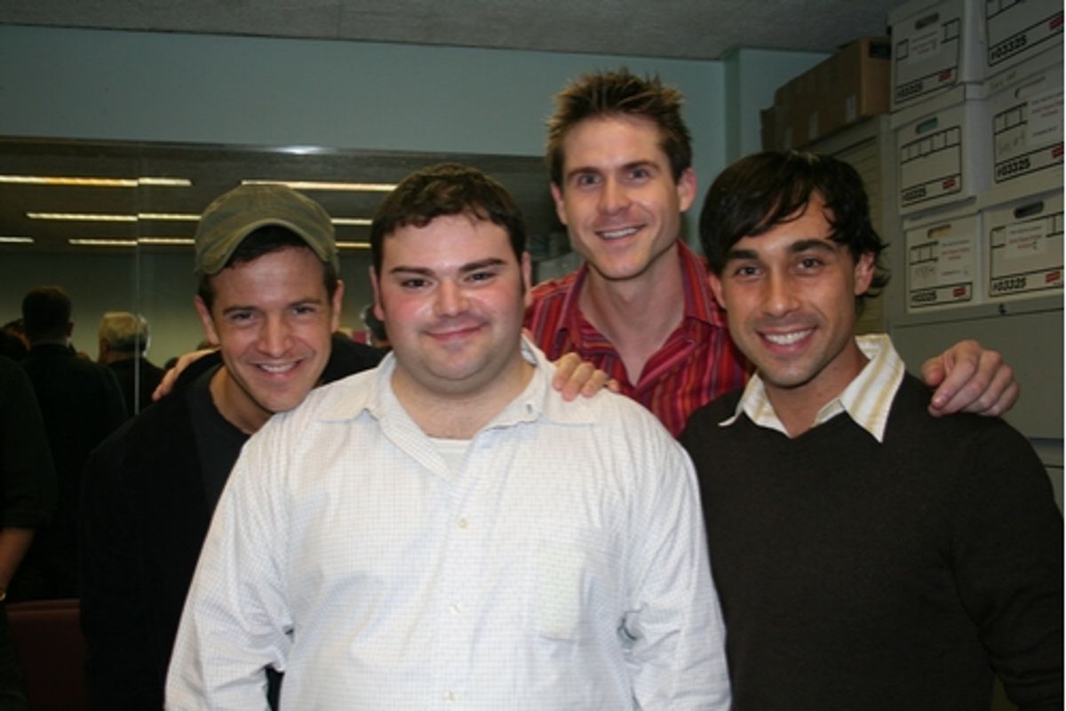 Stephen Bienskie (Richie/Pete), Jonathan Kay (Artie), Jim Sorensen (Jimm/George/Campbell) and Ryan Duncan (Domnic/Frank) at 'The Body Beautiful' at York Theatre