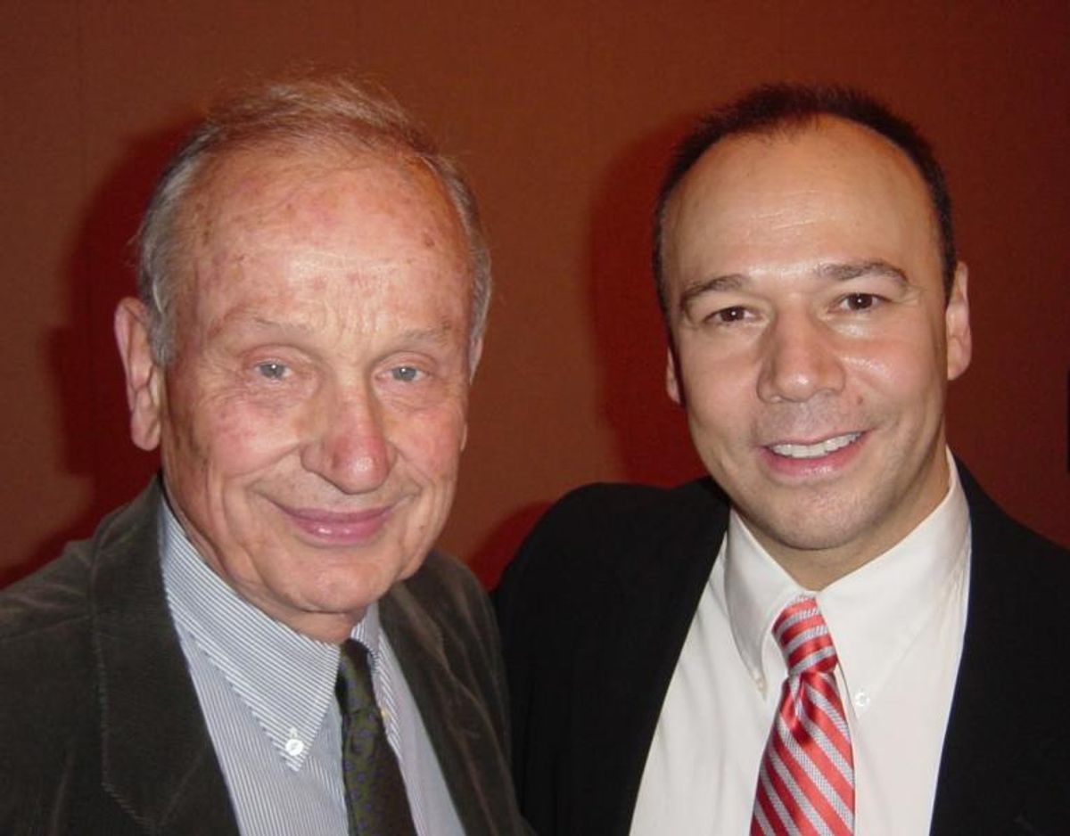 In his presentation comments, A.R. Gurney (left) commended Danny Burstein for holding his own opposite Sigourney Weaver and John Lithgow in Gurneyâ€™s Mrs. Farnsworth, done in 2004 at the Flea Theater. at Broadway Beacon Awards