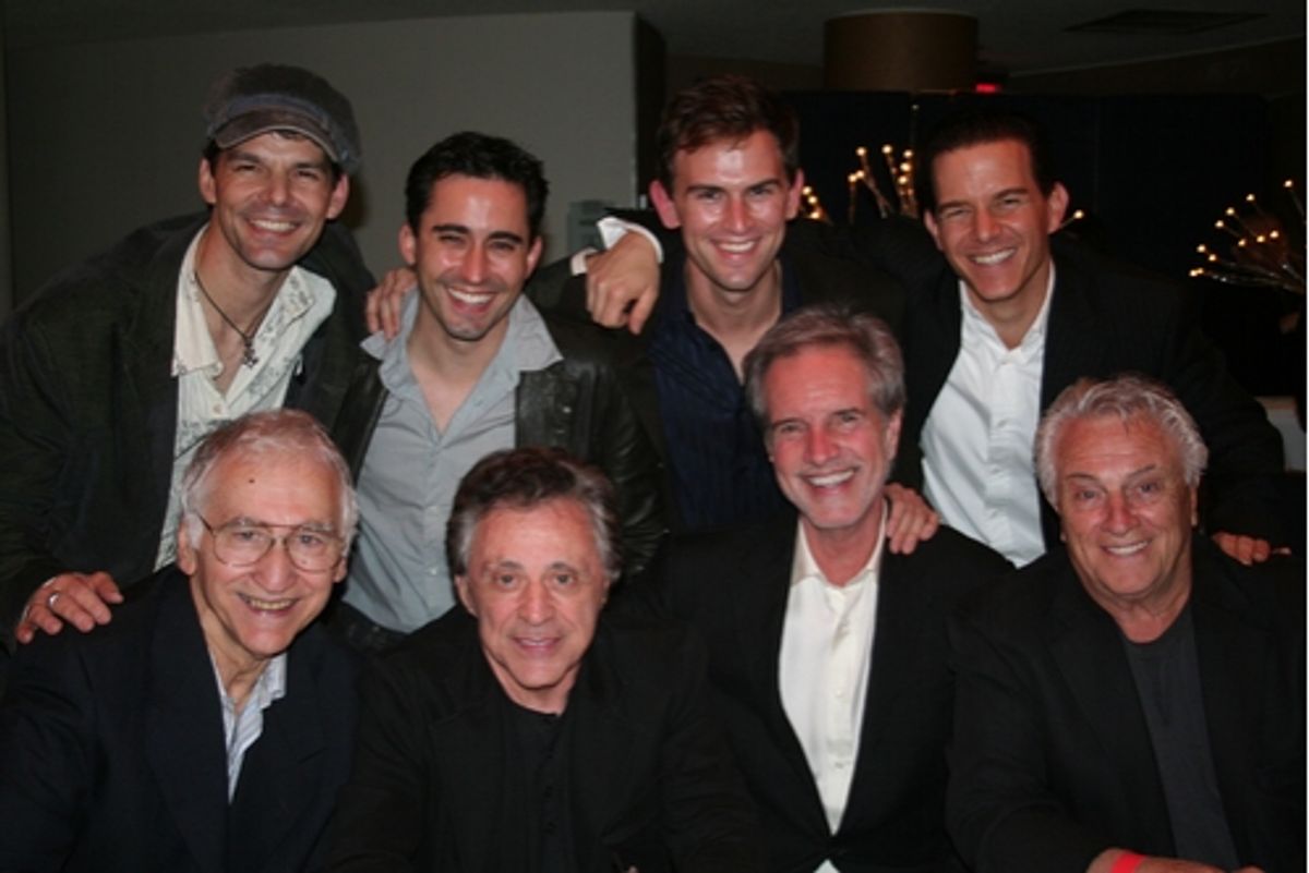 J. Robert Spencer, John Lloyd Young, Daniel Reichard, Christian Hoff, Joe Long, Frankie Valli, Bob Gaudio and Tommy DeVito at 
