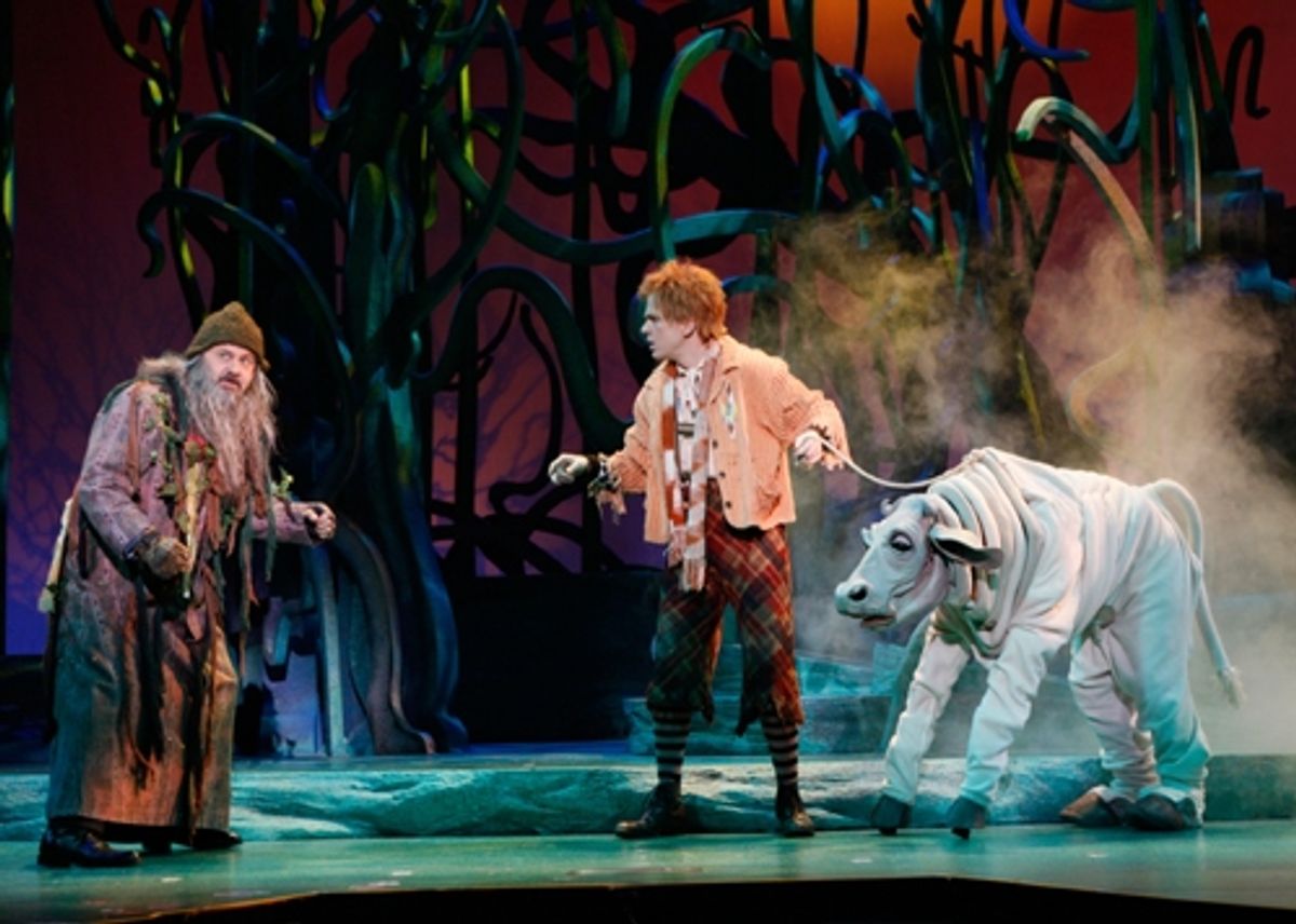 The Mysterious Man (Allen Fitzpatrick) approaches Jack (Eric Ankrim) and his cow, Milky White (Eric Brotherson) at 