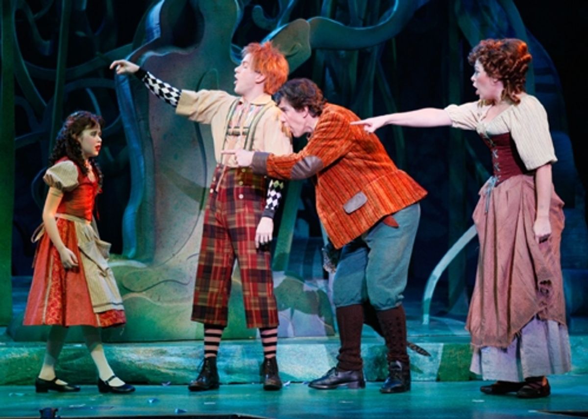 Little Red Ridinghood (Ireland Woods), Jack (Eric Ankrim), The Baker (Bob De Dea) and Cinderella (Billie Wildrick) point fingers in 'Your Fault' at 