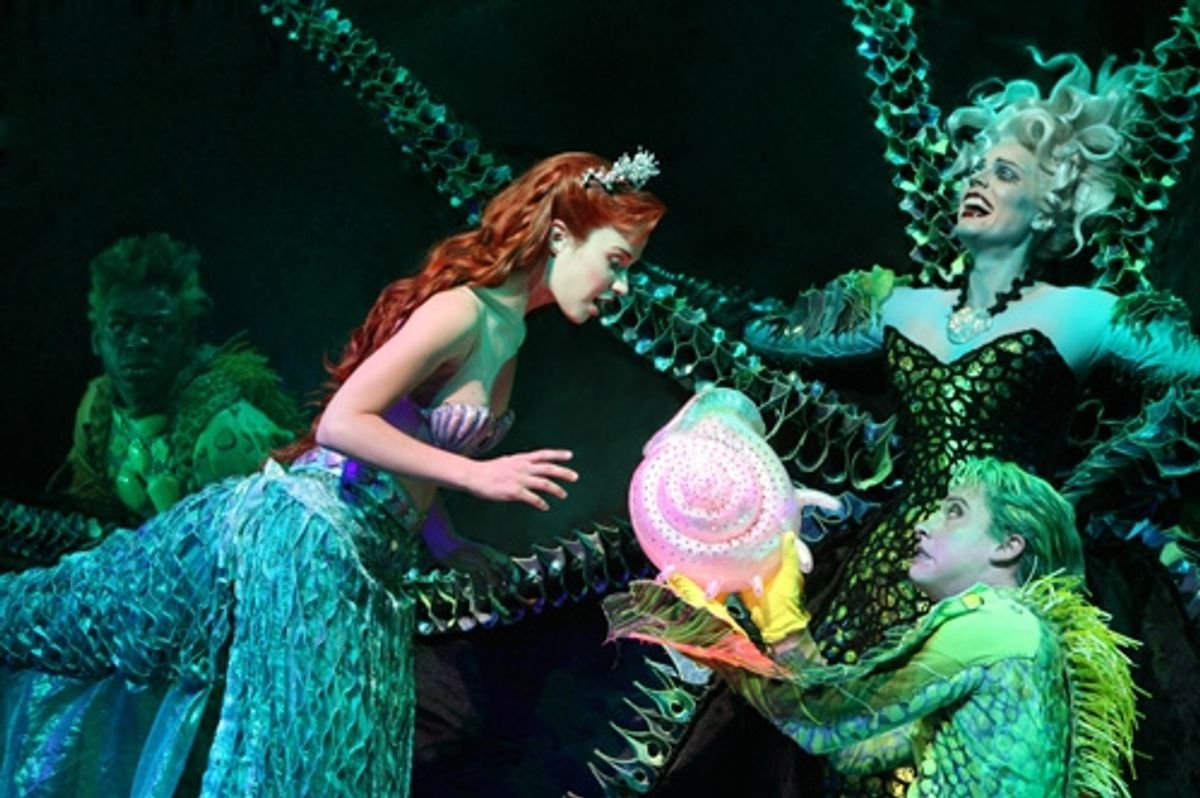 Sierra Boggess as Ariel, Sherie Rene Scott as Ursula, Derrick Baskin as Jetsam and Tyler Maynard as Flotsam at 