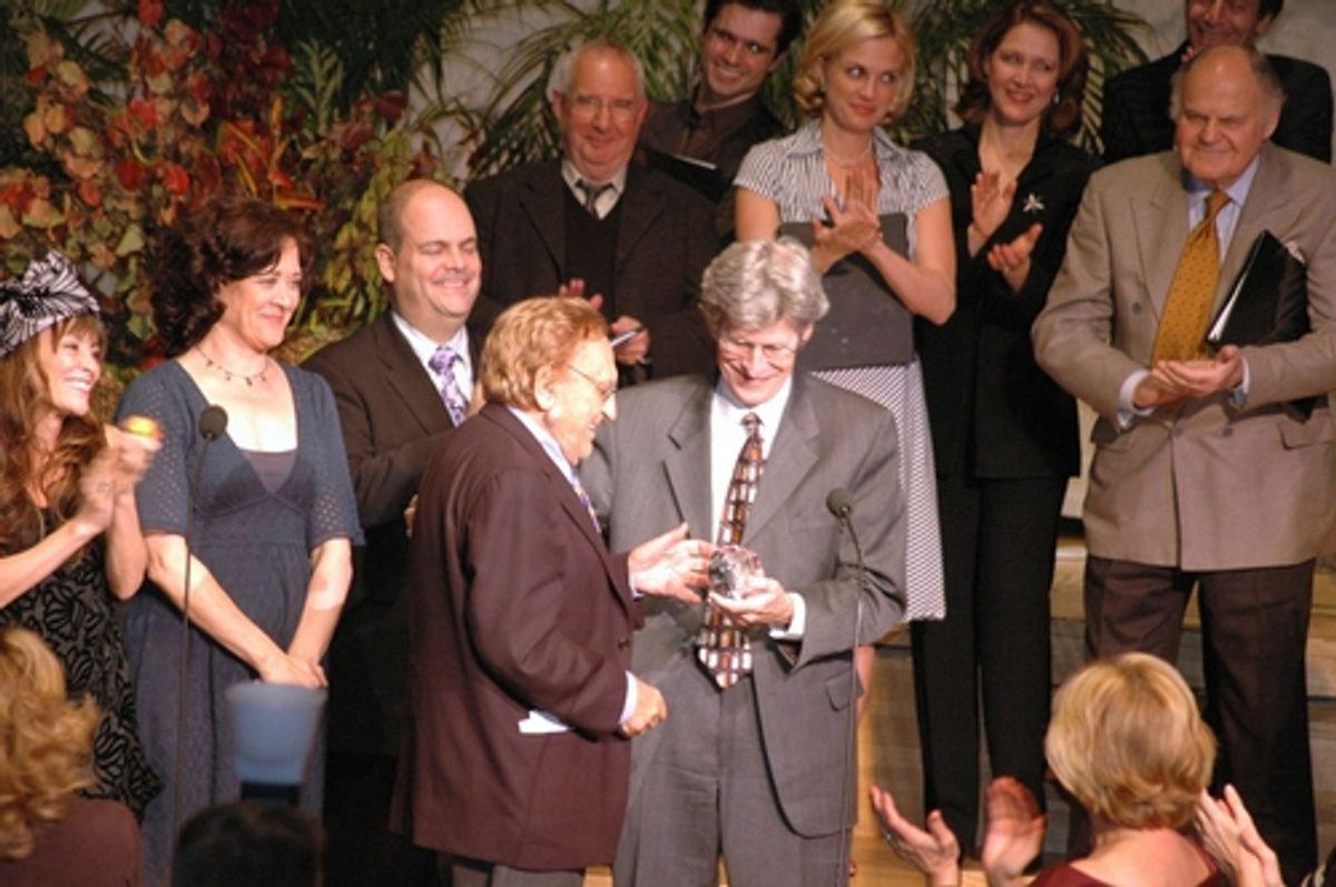 Ted Chapin, from the Rodgers and Hammerstein Organization presents Joseph Stein with The Oscar Hammerstein Award for Lifetime Achievement in Musical Theatre at York Theatre Gala Awards Joseph Stein