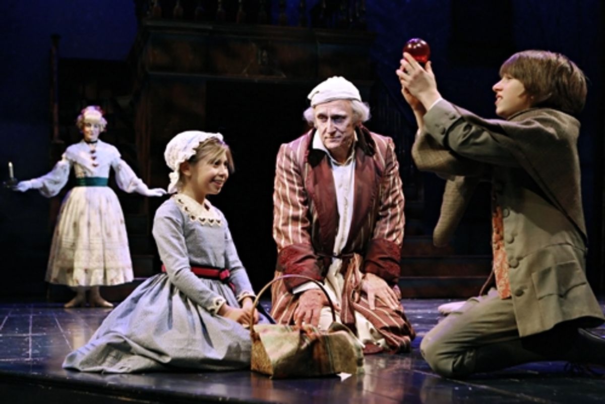 Charity Jones (Ghost of Christmas Past), Lexi Galba (Fan), Raye Birk (Ebenezer Scrooge) and Mykola Rieland (Young Eb) at 