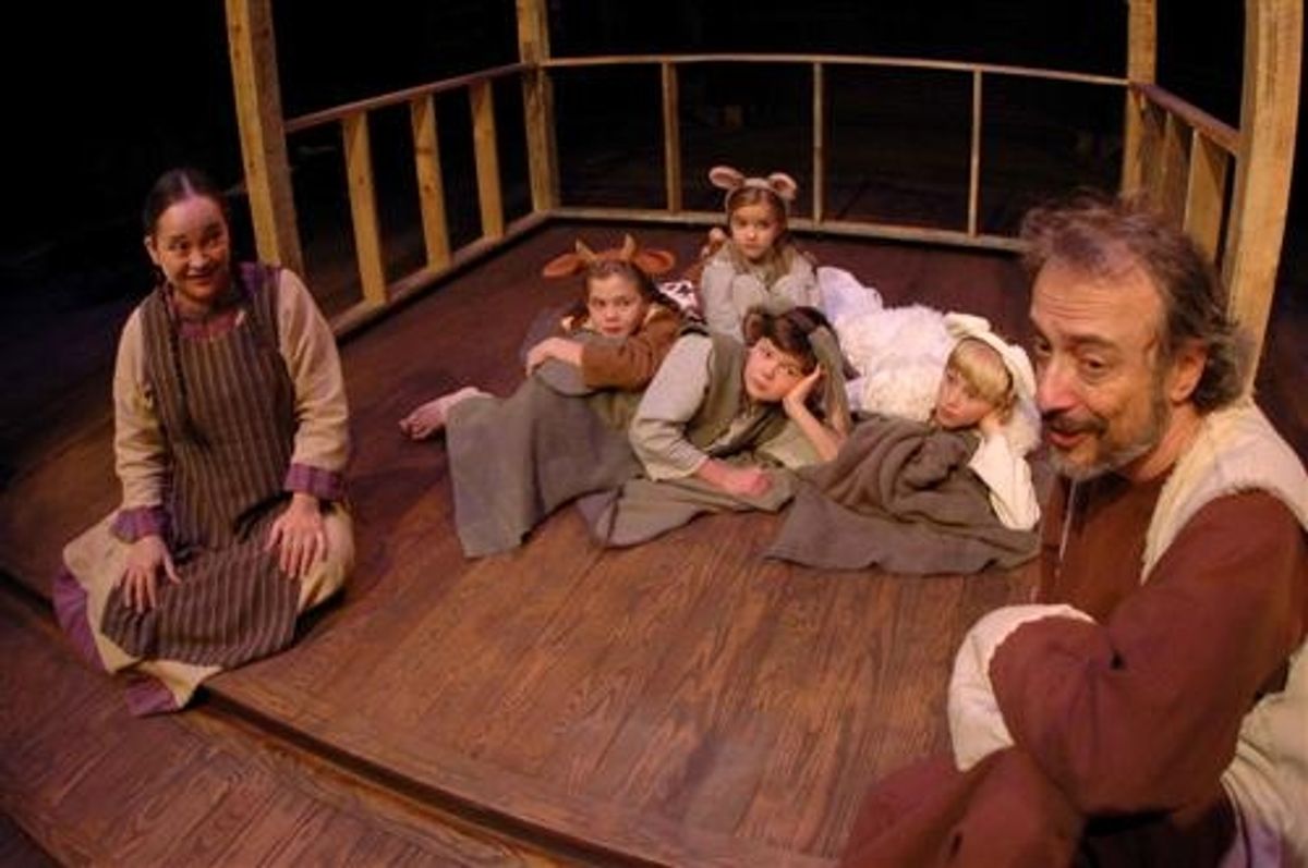 Girl (Amy Thompson) offers her parent's stable to Joseph (far right), which is filled with animals (l-r) including Cow (Eileen Kinnane), Mouse (Patricia Kinnane), Donkey (Evan Kinnane), and Sheep (Owen Newsome). at 