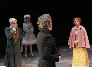 David Pichette as Scrooge, Erika Godwin as Spirit #1, George Mount as Middle Scrooge  Photo