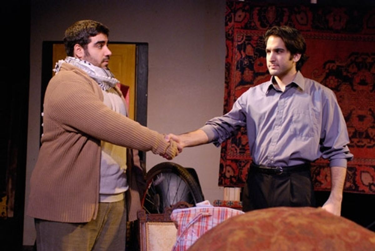 Mike Mosallam (r) as Palestinian refugee Aziz Hammond and Jeremy Cohen (l) as Israeli ex-pat Assaf Ben-Moshe, in the new musical West Bank, UK by Oren Safdie and Ronnie Cohen at 
