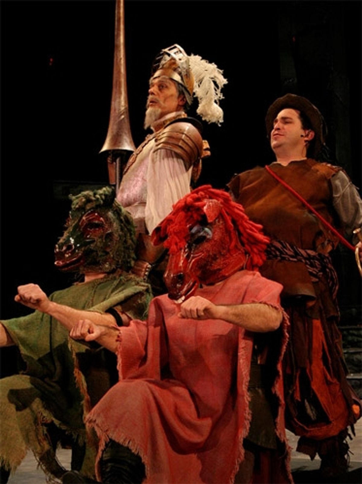 Robert Cuccioli and Carlos Lopez astride horse and mule (Derek Hanson and David Villella) at 'Man of La Mancha' with Robert Cuccioli