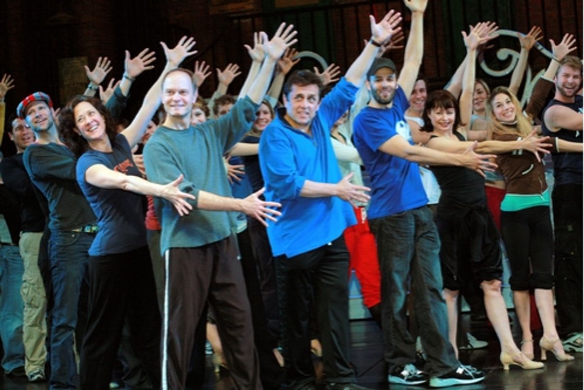 Karen Ziemba, David Hyde-Pierce and Michael X. Martin rehearse with the cast of Curtains at 