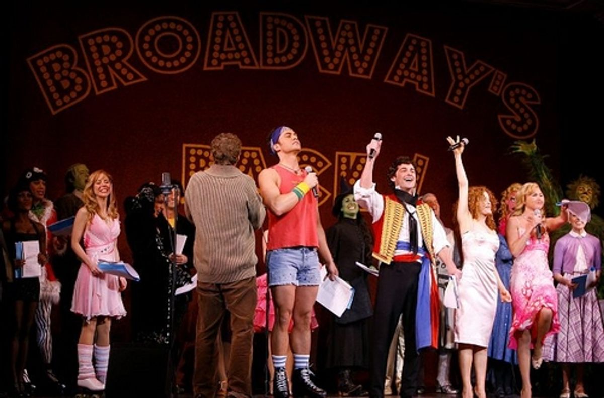 l-r: Kerry Butler, Bob Martin, Cheyenne Jackson, Max von Essen, Bernadette Peters and Laura Bell Bundy at 