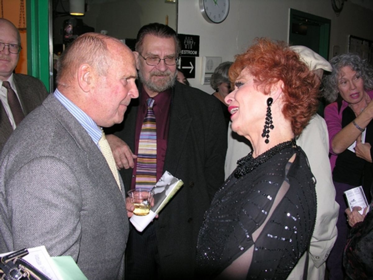 ABC Sports Commentator, Dick Button congratulates Carol Lawrence on her Opening Night performance of Girl's Room at 
