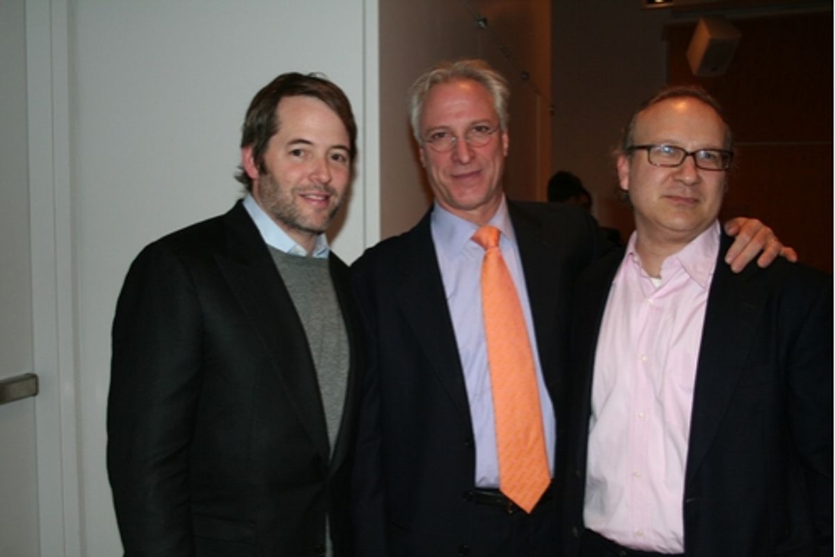 Matthew Broderick, Robert LuPone and Pippin Parker (The New School Department Head of the Playwriting Program) at New School Cocktail Reception