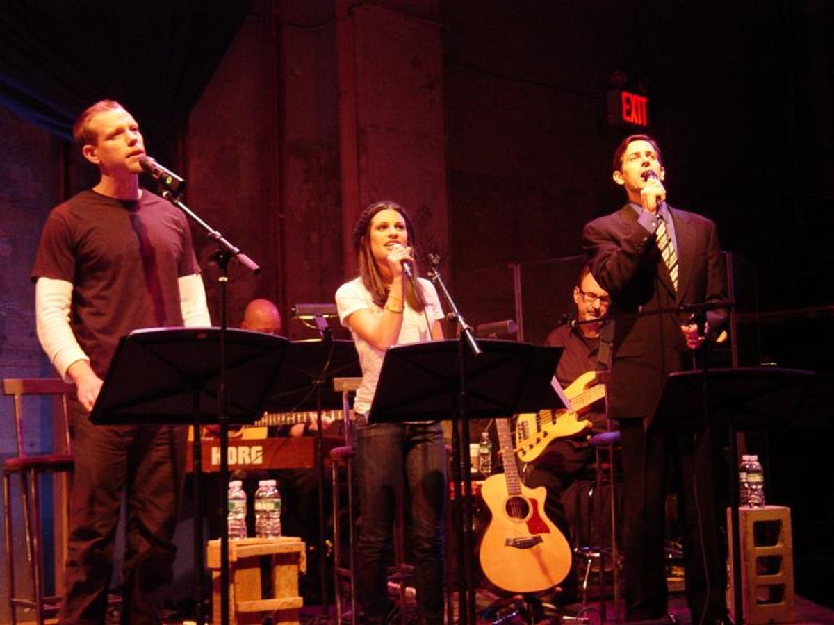 Adam Pascal, Lea Michele and Greg Naughton in the opening number, 'Sing.'
 at 