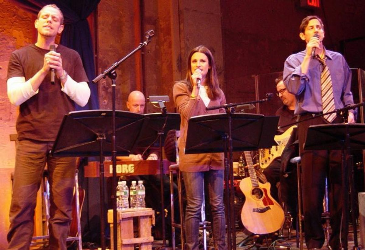 Adam Pascal, Lea Michele and Greg Naughton toward the end of the show, with musician Bobby Baxmeyer behind them.  at 