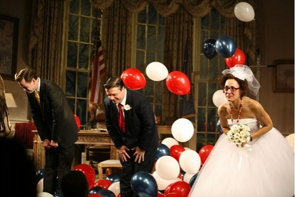 Dylan Baker, Nathan Lane and Laurie Metcalf at 'November' Opening Night Curtain Call & Party