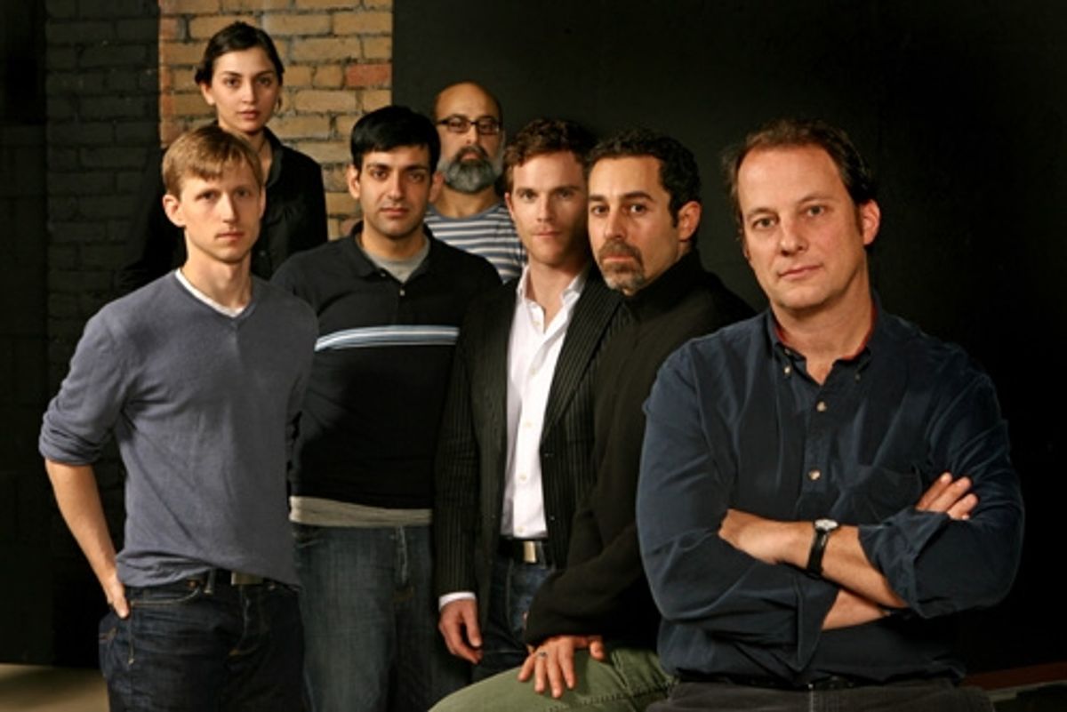 l-r: Jeremy Beck, Sevan Greene, Aadya Bedi, Ramsey Faragallah, Mike Doyle and Waleed F. Zuaiter with playwright George Packer at 