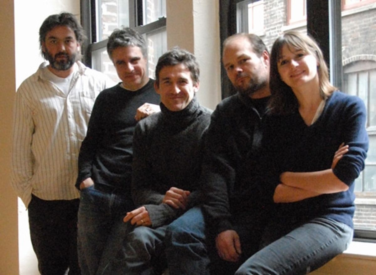 l-r: Playwright Jez Butterworth, director Neil Pepe and Jonathan Cake, Chris Bauer and Emily Mortimer at 