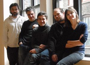 l-r: Playwright Jez Butterworth, director Neil Pepe and Jonathan Cake, Chris Bauer an Photo
