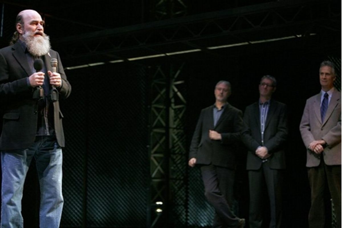 Michael David (foreground) with Gavin Jennings (Victorian Minister of Innovation), Rodney Rigby and Edward Strong (Producer- Dodgers Theatricals) at 