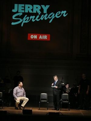 Luke Grooms (Dwight / God ) and Harvey Keitel (Jerry Springer) Photo