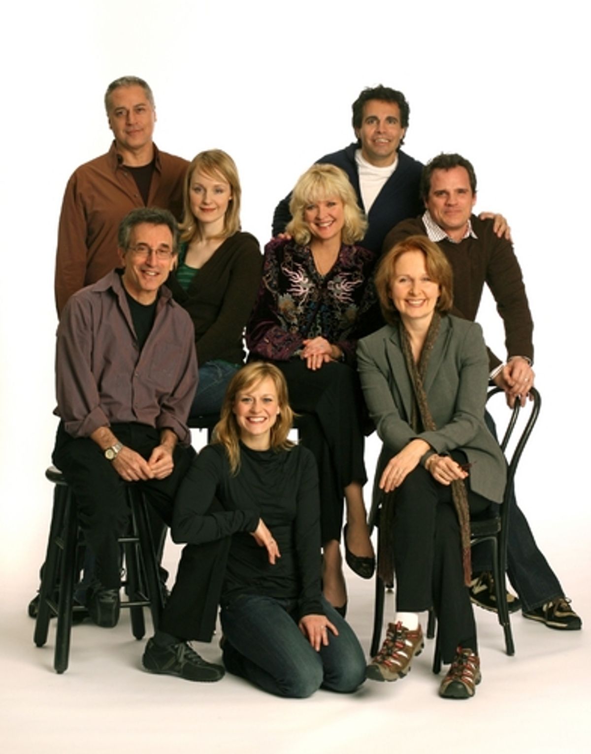 (back) Tom Hewitt, Mario Cantone (middle) Erin Davie, Christine Ebersole, Michael Park (front) Chip Zien, Megan Sikora (kneeling), at 