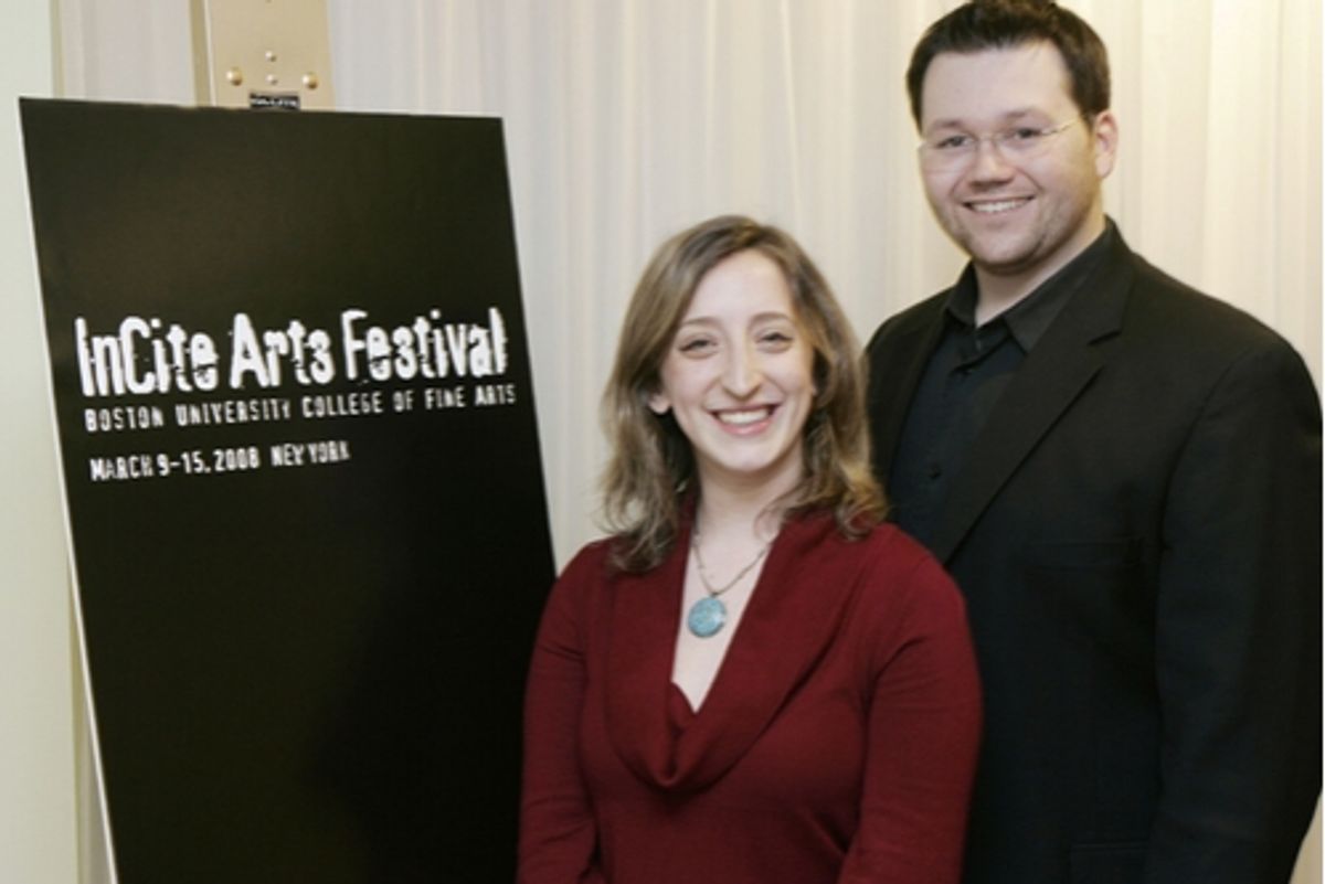 l-r: Boston University: Nitzan Halperin (Sow and Weep playwright), and Dan Gerdes (performer in Michael Nyman's one-act opera The Man Who Mistook His Wife for a Hat) at 