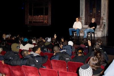 Chazz Palminteri and Jerry Zaks address the students Photo