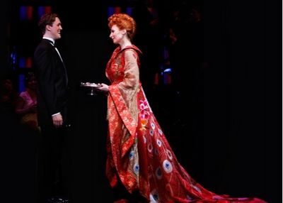 Matt Owen and Dee Hoty (wearing Seattle couture designer Luly Yang's $30,000 "Passage Photo