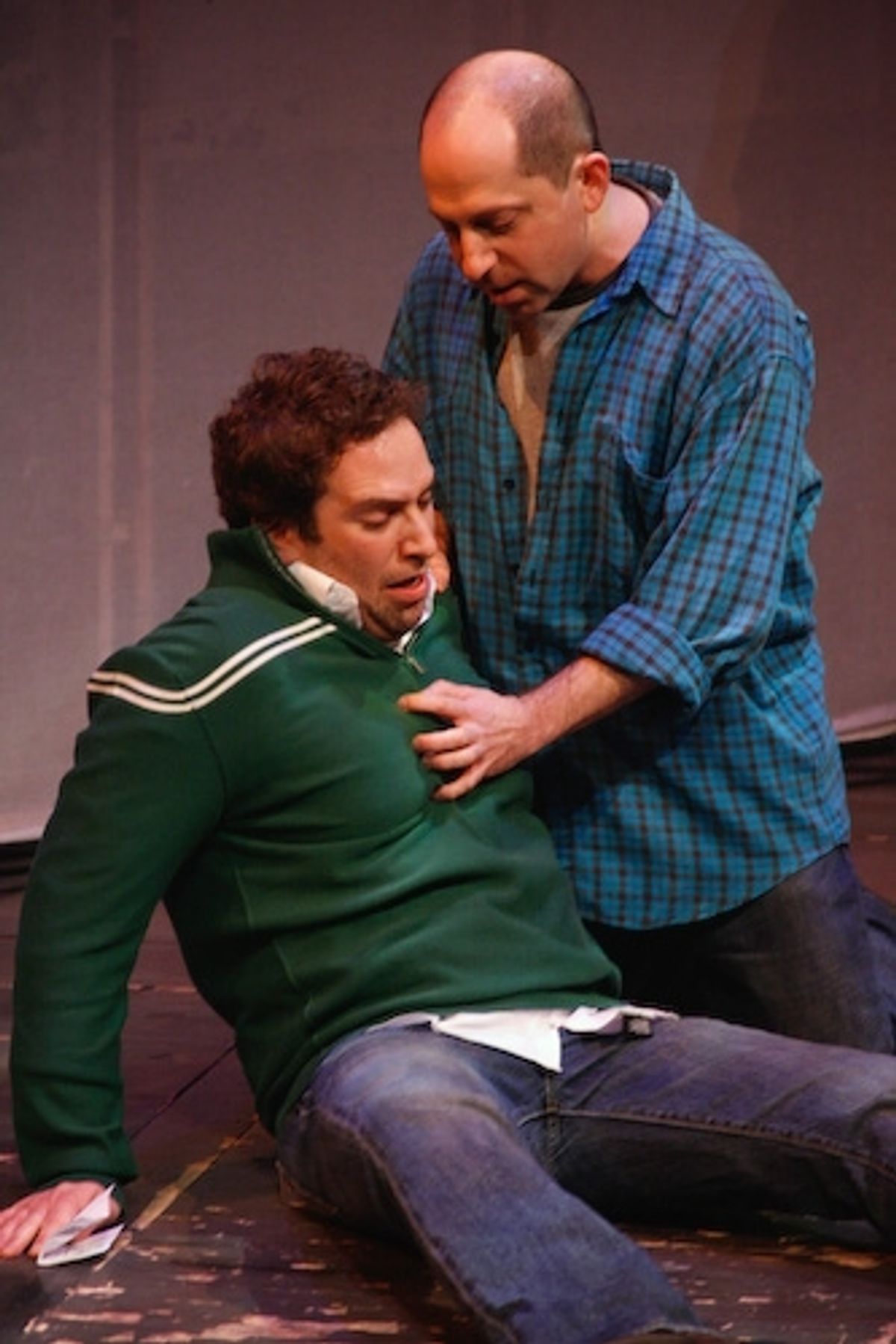David Rossmer and Jason Kravits as patient and doctor, recreate a scene from the fictional play Stranded at 