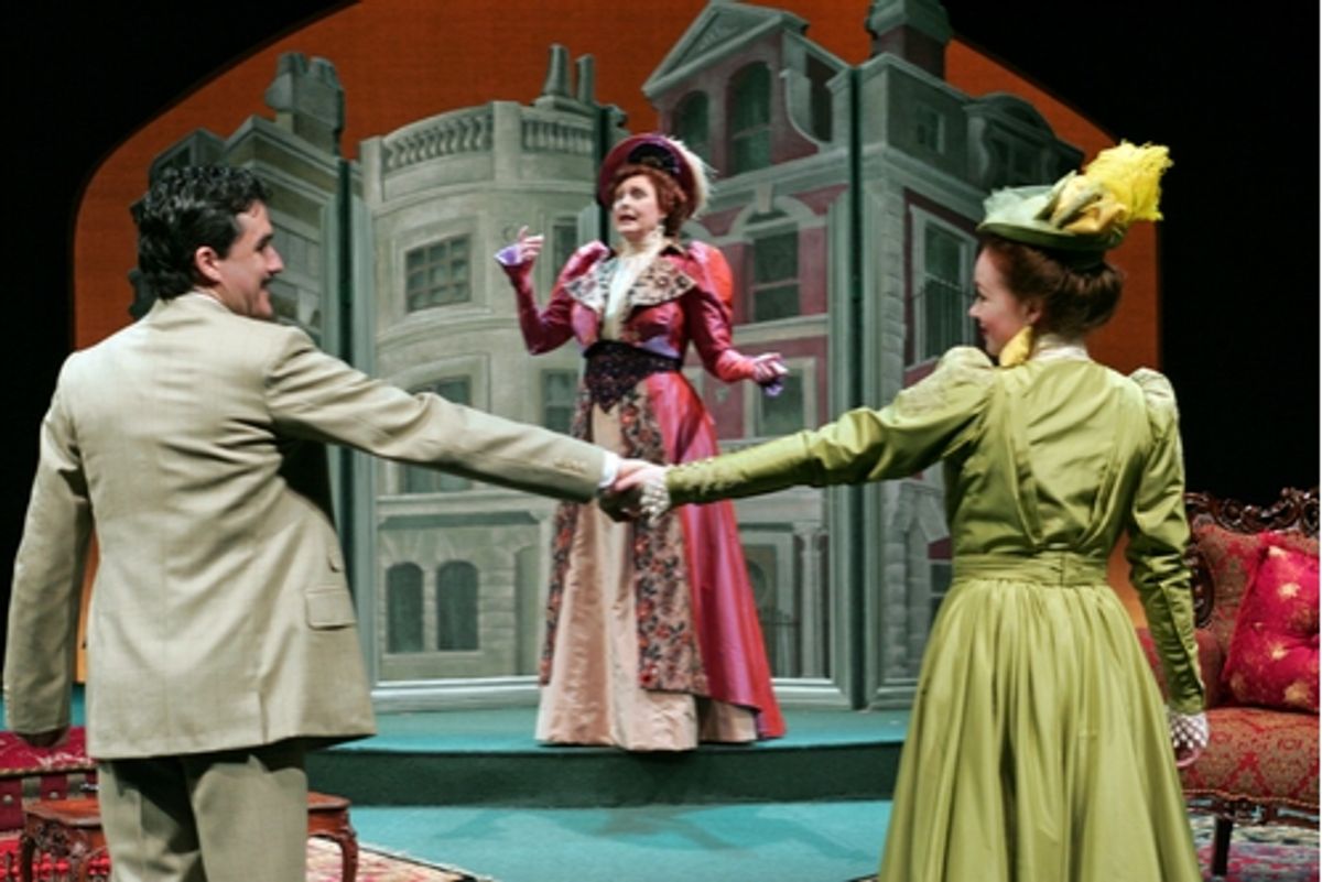 l-r: Tommy Schrider as Jack Worthington, Kandis Chappell as Lady Bracknell and Christine Marie Brown as Gwendolen Fairfax at 